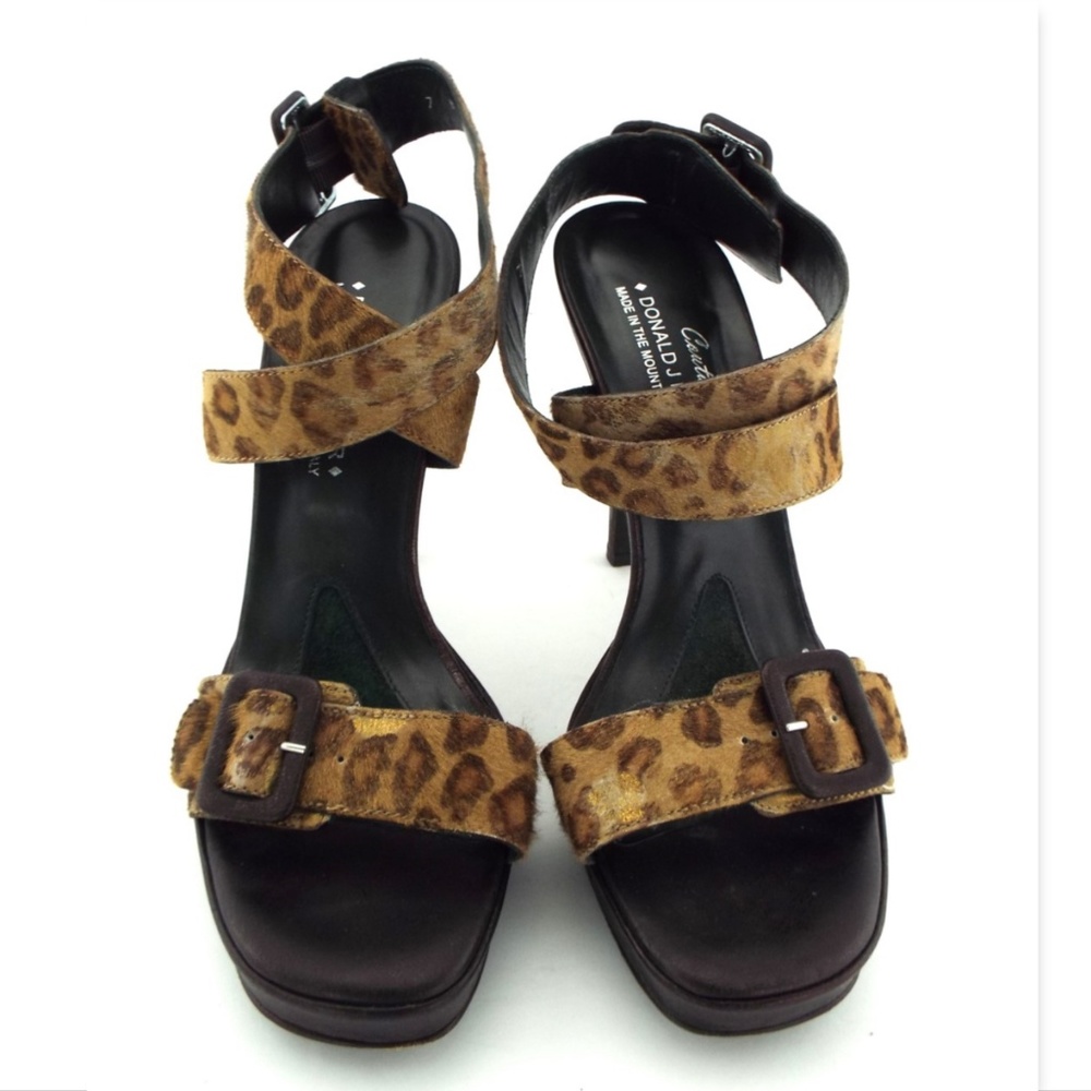 Donald J. Pliner Leopard Calf Hair Buckled Ankle Strap Platform Heel Sandals 7